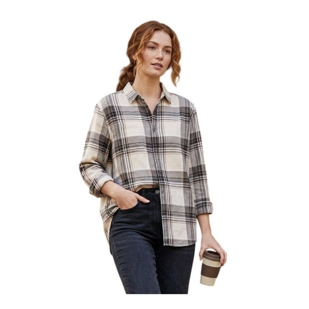 Eddie Bauer Heavyweight Flannel Button Down Shirt Gray‎ Tan Red Tartan Plaid